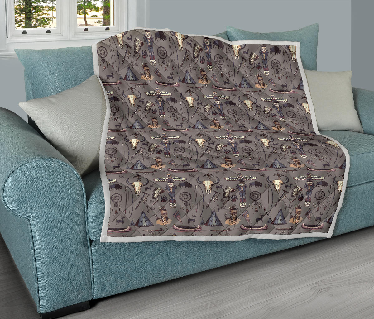 Native Indian life Design Print Quilt Bedspread