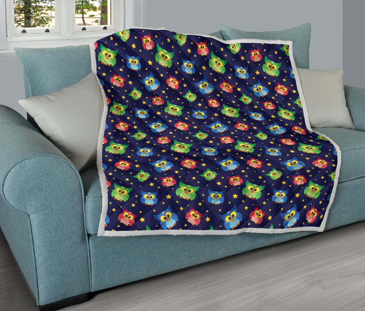 Owl with Star Themed Design Print Quilt Bedspread