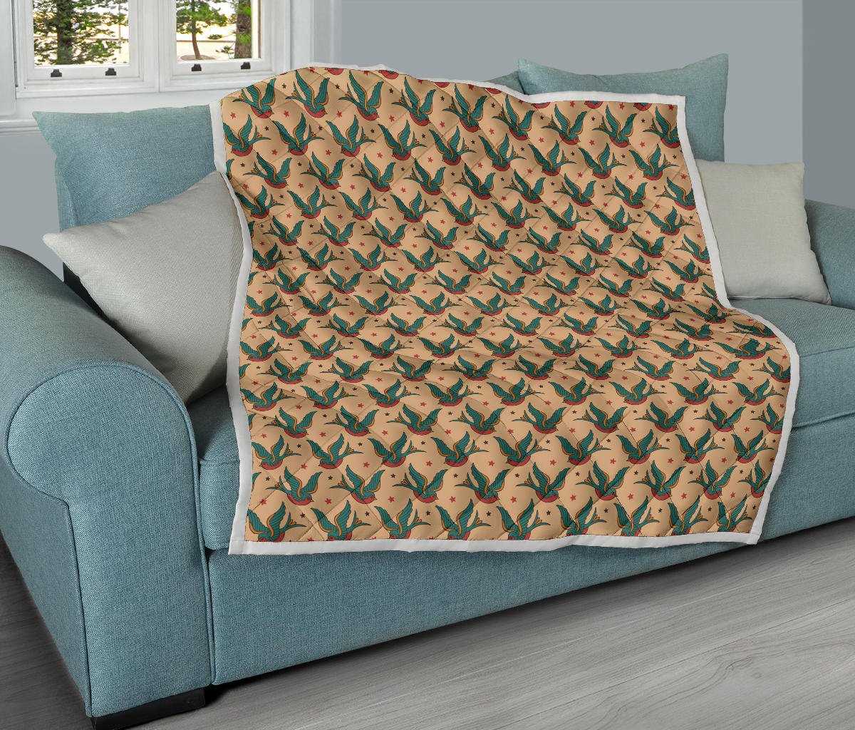 Old School Tattoo Swallow Design Quilt Bedspread
