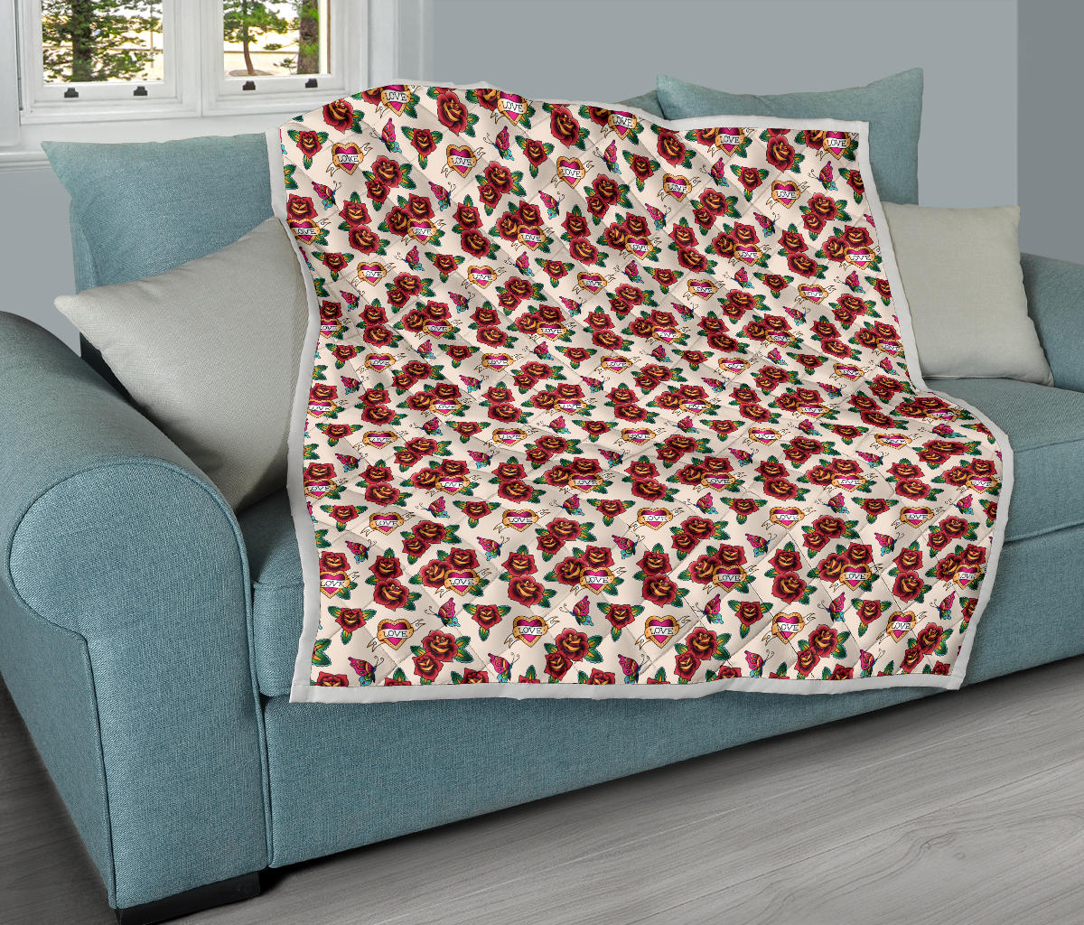 Old School Tattoo Rose Pattern Quilt Bedspread