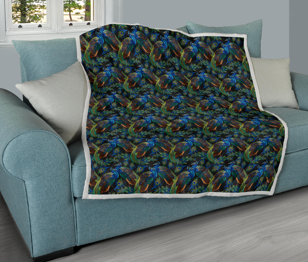Peacock Themed Design Print Quilt Bedspread