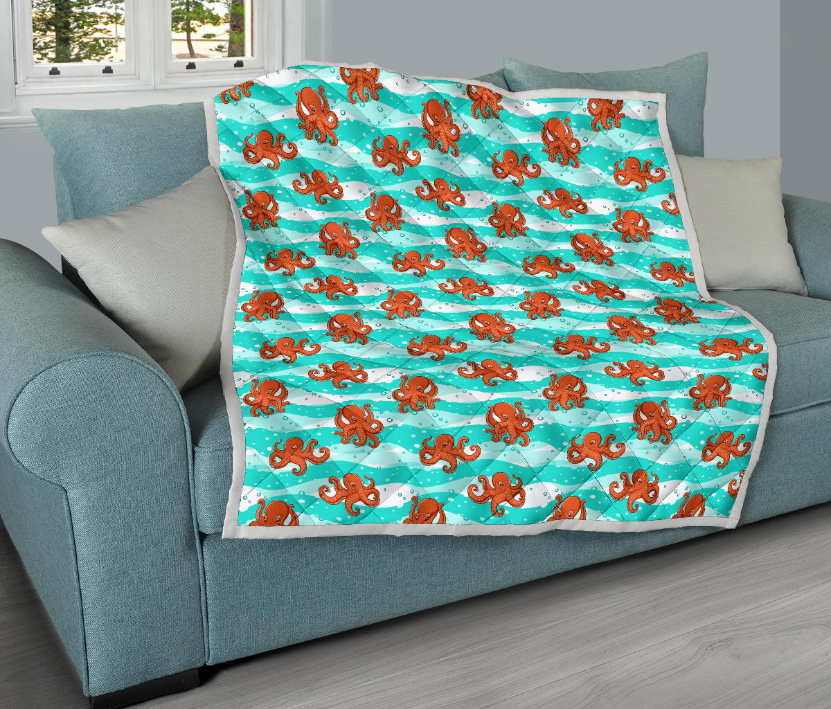 Octopus Cute Design Print Themed Quilt Bedspread