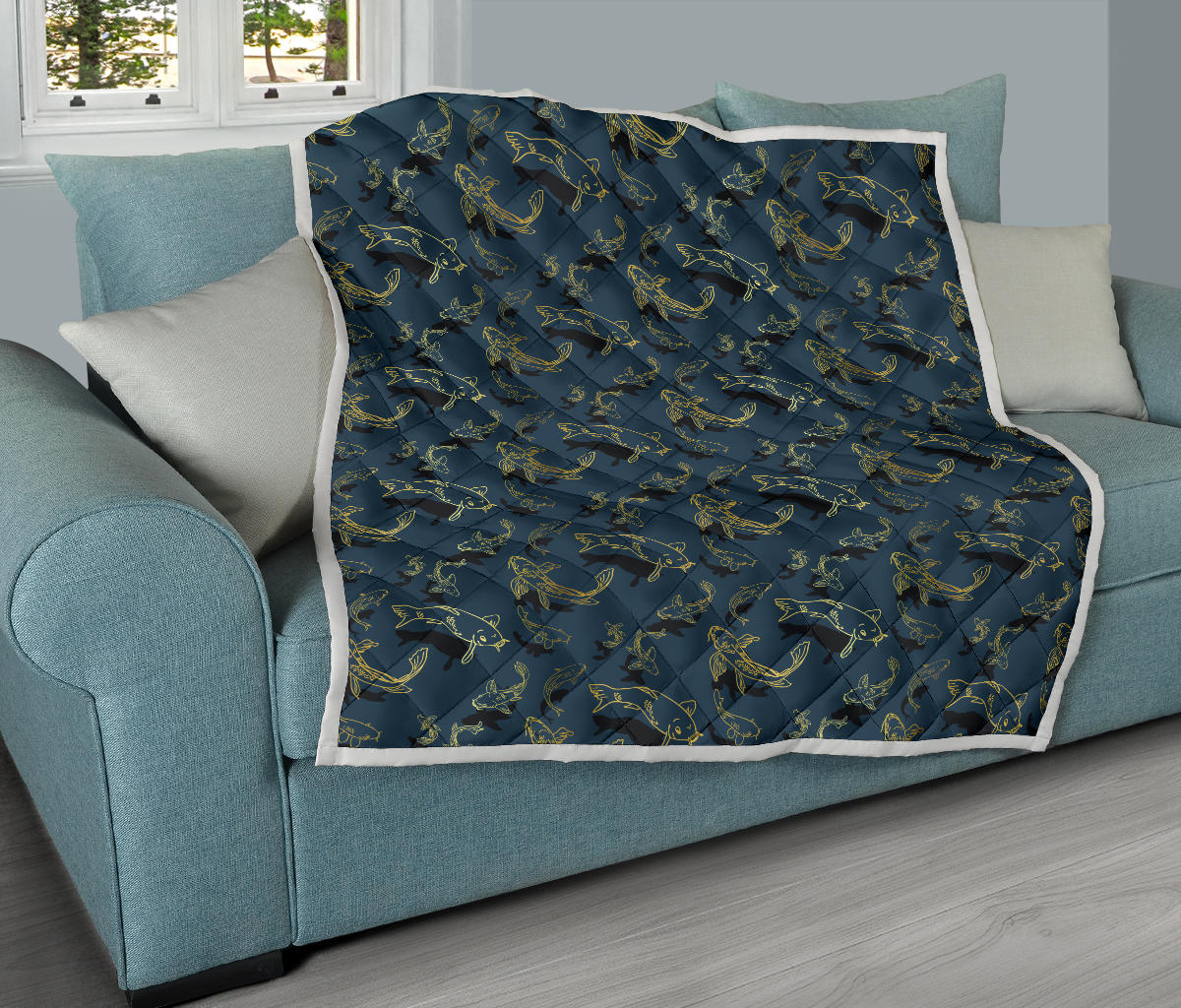 Koi Carp Gold Design Themed Print Quilt Bedspread
