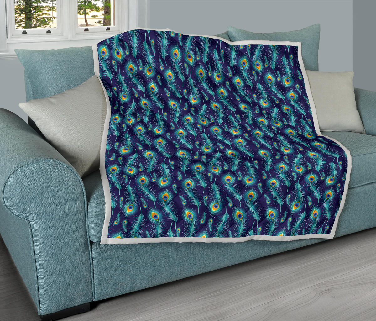 Peacock Feather Blue Design Print Quilt Bedspread