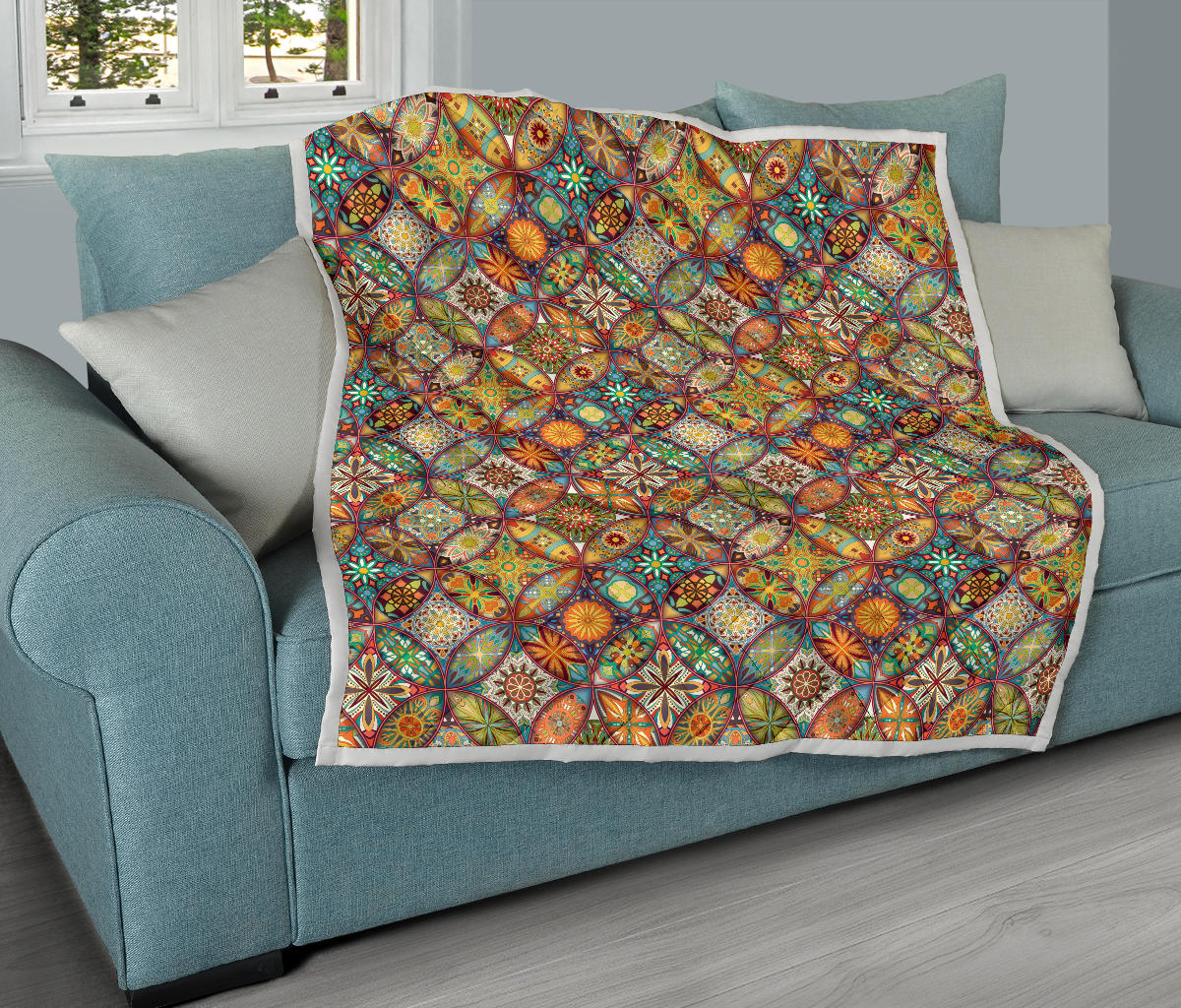 Mandala Flower Themed Design Print Quilt Bedspread