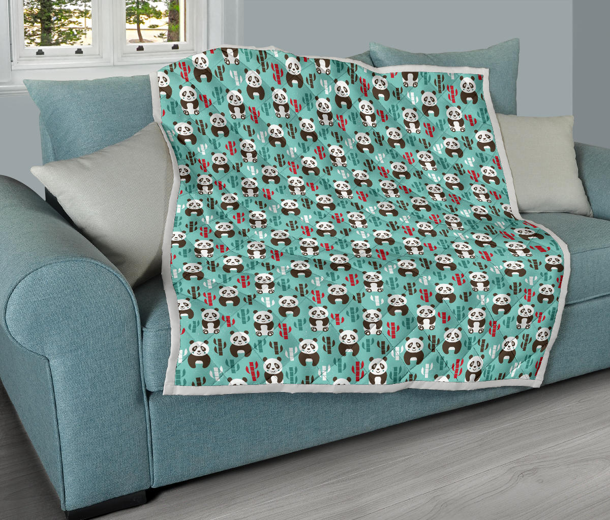 Panda Bear Cute Themed Print Quilt Bedspread