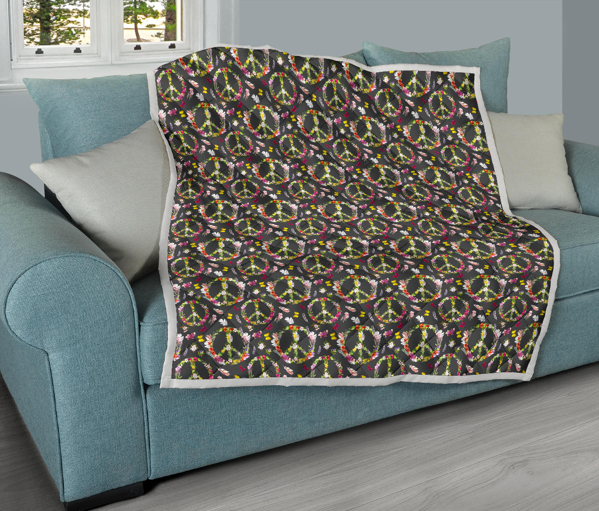 Peace Sign flowers Design Print Quilt Bedspread