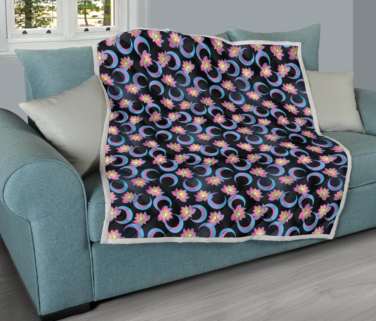 Lotus with Moon Pink Print Themed Quilt Bedspread