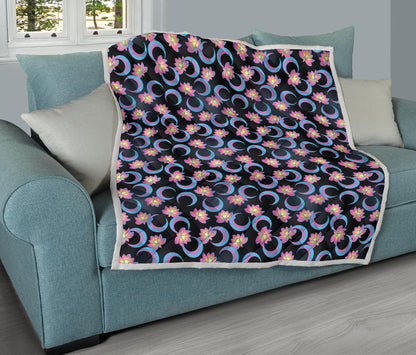 Lotus with Moon Pink Print Themed Quilt Bedspread
