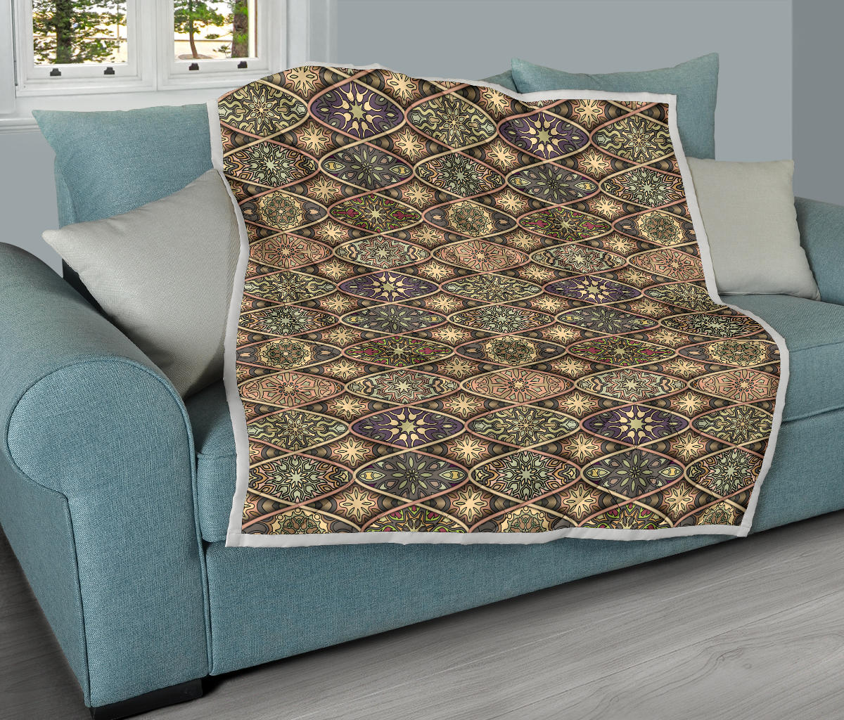 Mandala Motif Themed Design Print Quilt Bedspread