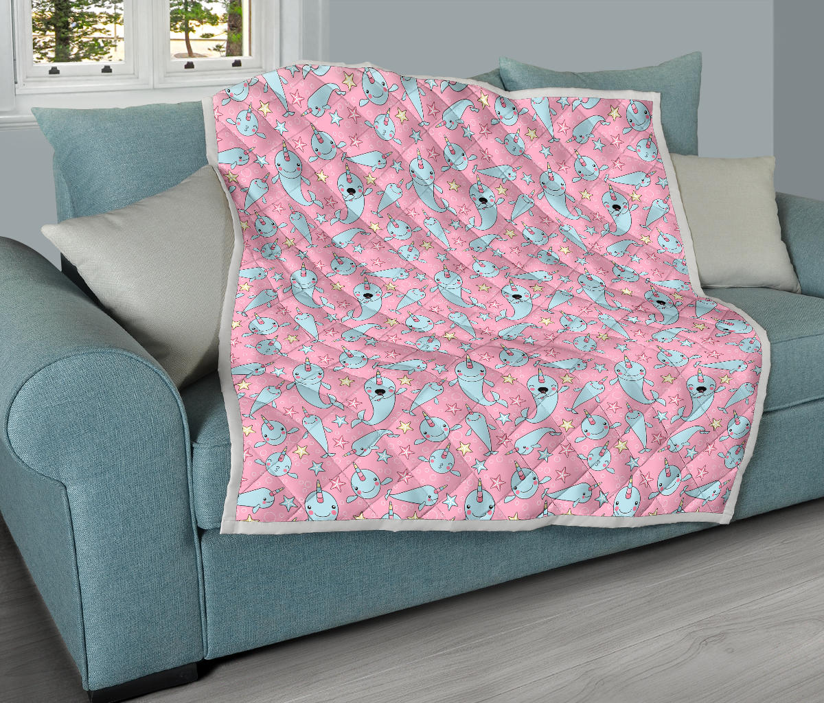 Narwhal Cartoon Cute Print Quilt Bedspread