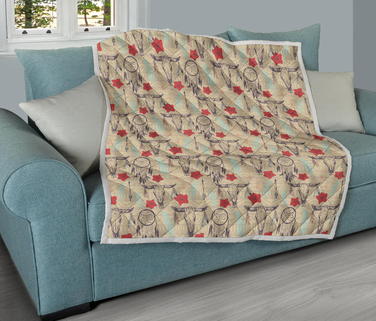Native Buffalo Head Themed Design Print Quilt Bedspread