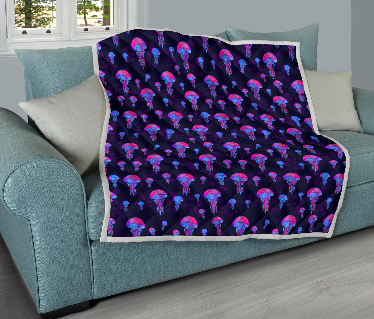 Jellyfish Neon Print Quilt Bedspread