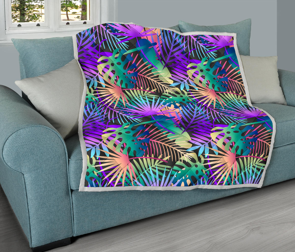 Neon Flower Tropical Palm Leaves Quilt Bedspread
