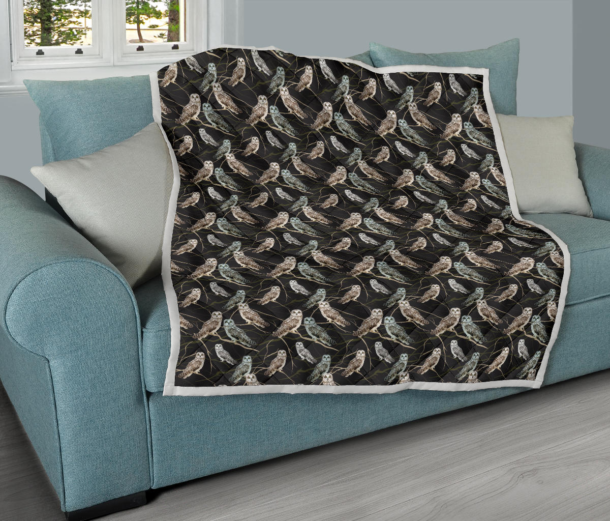 Owl Branch Themed Design Print Quilt Bedspread