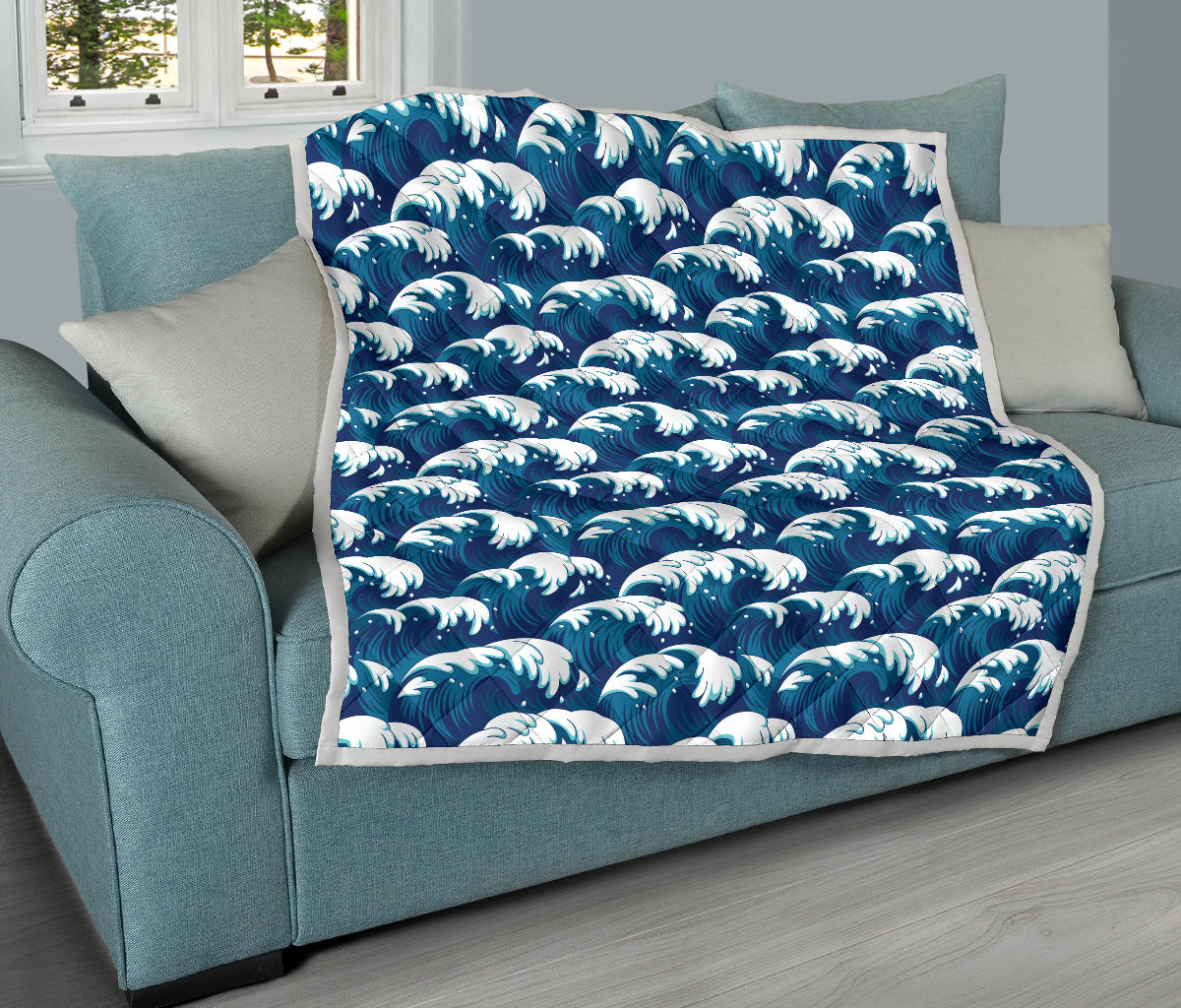 Ocean Wave Pattern Print Quilt Bedspread