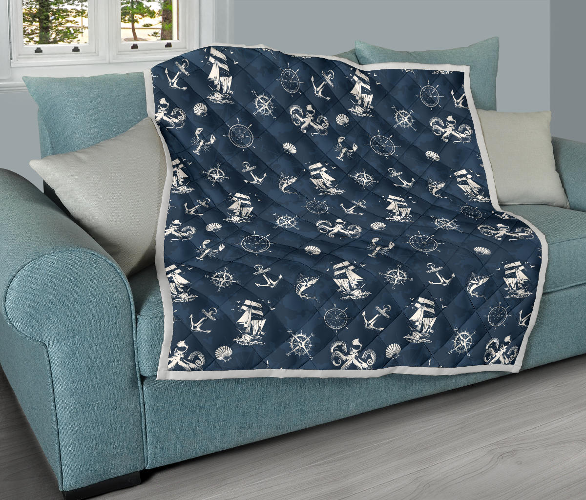 Nautical Sea Themed Print Quilt Bedspread