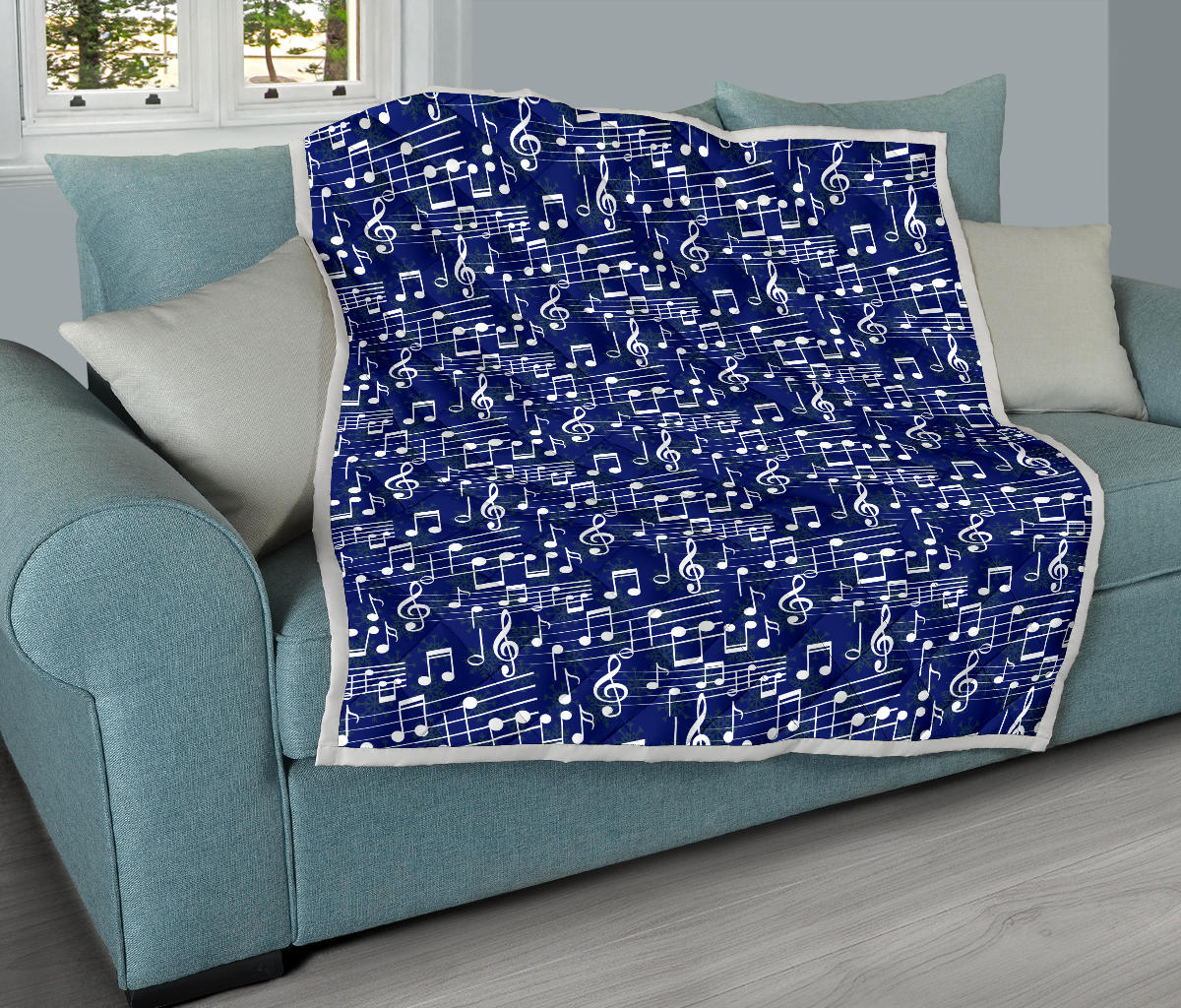 Music Note Blue Themed Print Quilt Bedspread