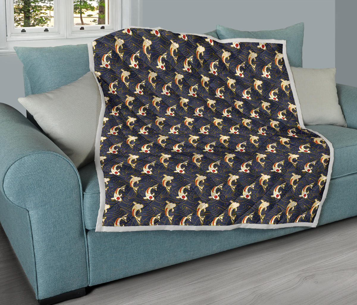 Koi Carp Japanese Design Themed Print Quilt Bedspread