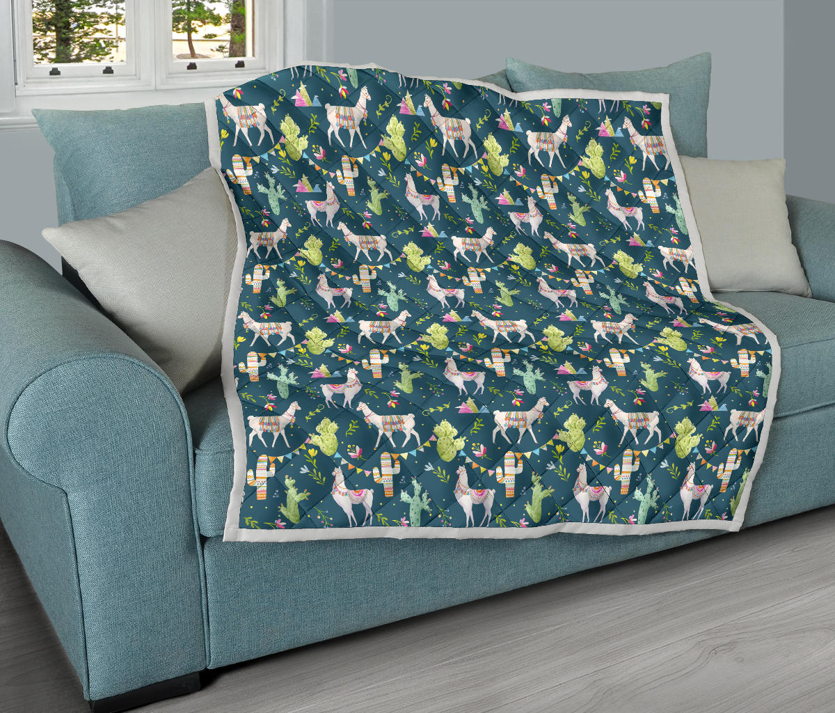 Llama with Cactus Design Print Quilt Bedspread