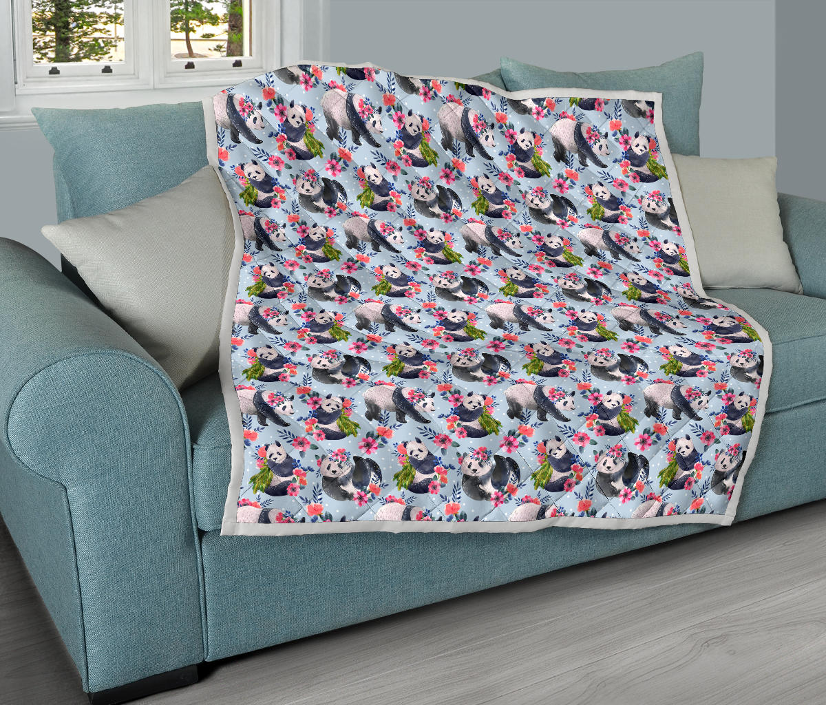 Panda Bear Flower Design Themed Print Quilt Bedspread
