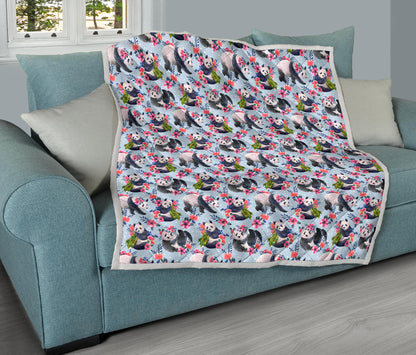 Panda Bear Flower Design Themed Print Quilt Bedspread