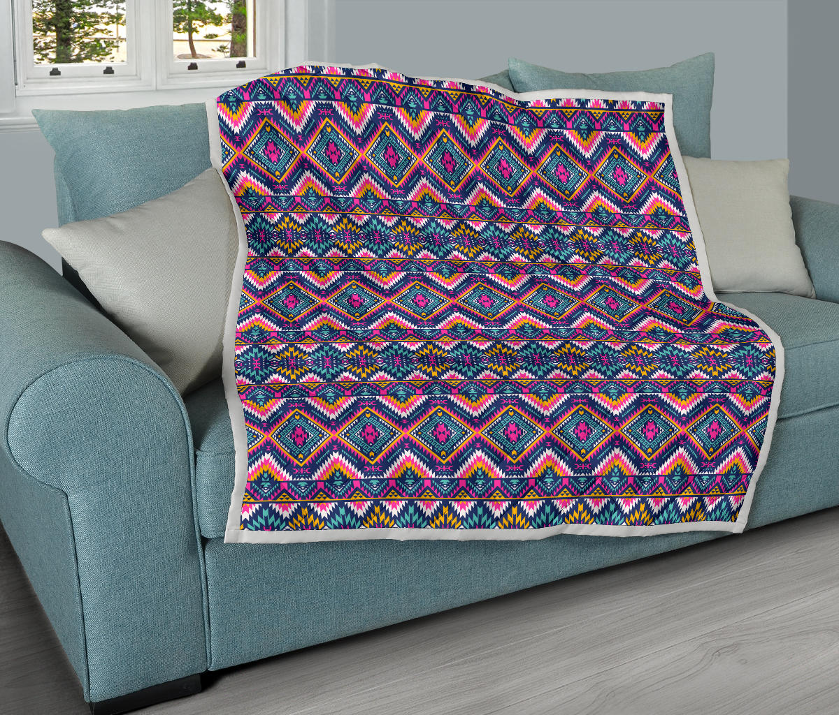 Indian Navajo Pink Themed Design Print Quilt Bedspread