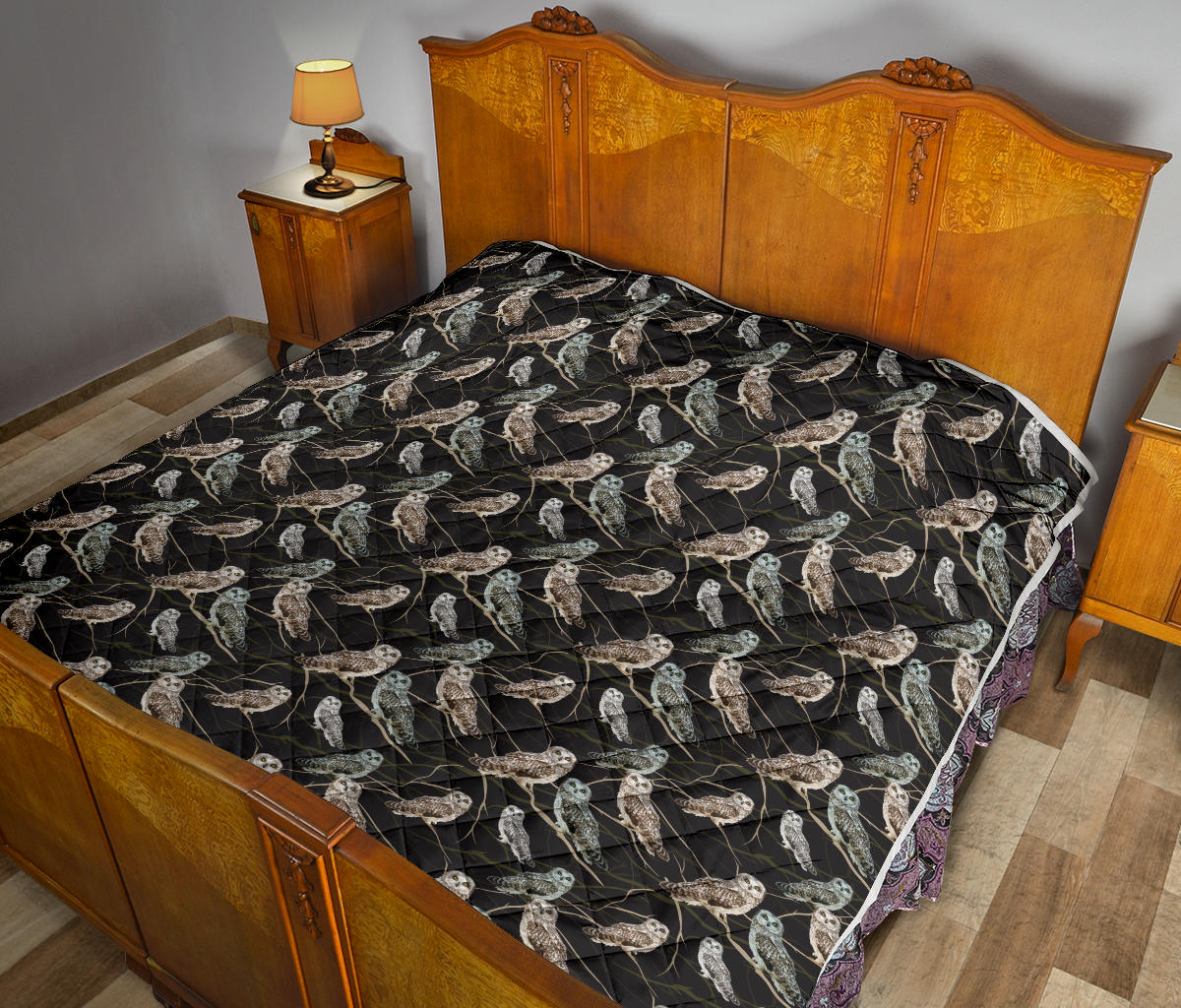 Owl Branch Themed Design Print Quilt Bedspread