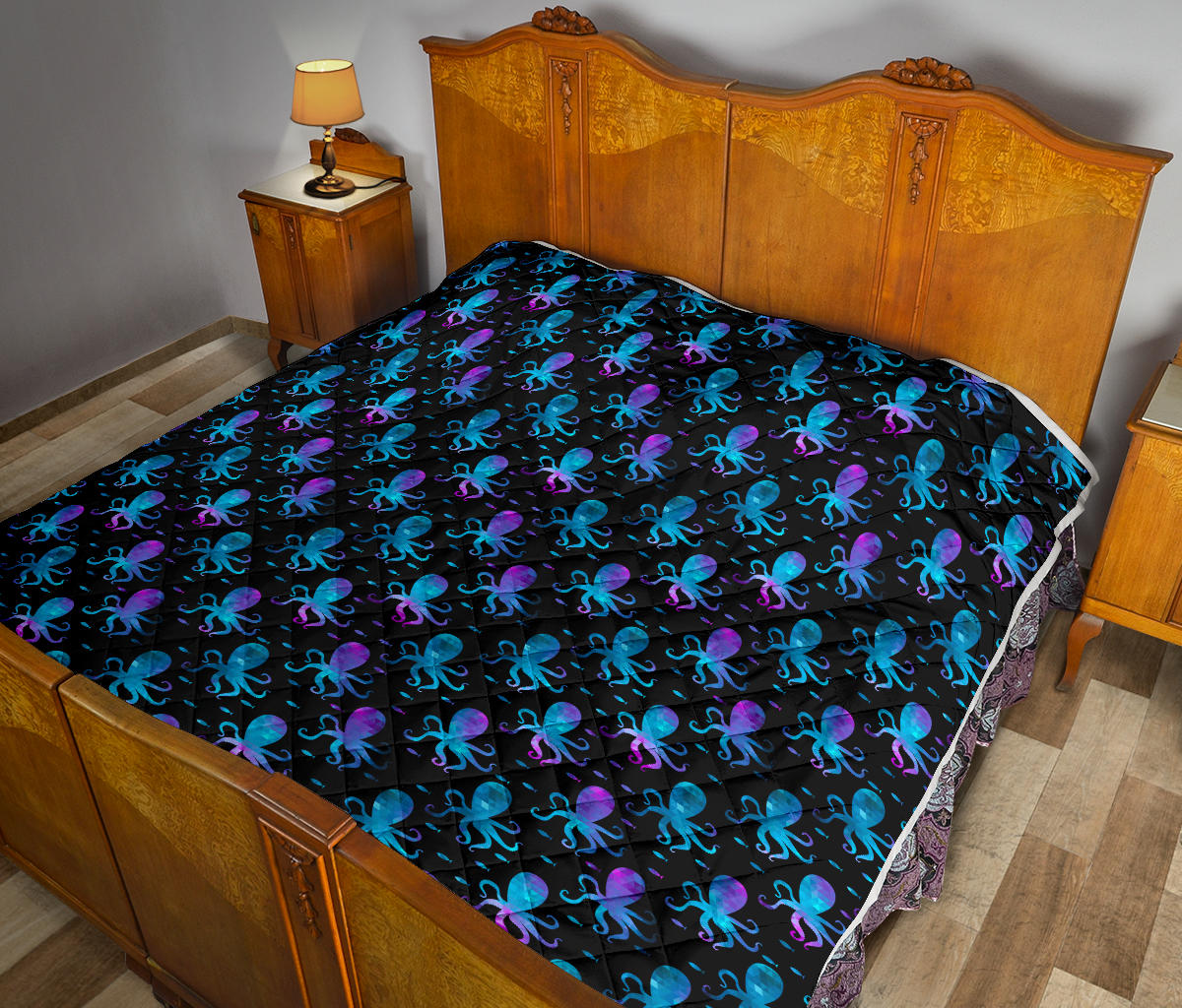 Octopus Blue Design Print Themed Quilt Bedspread