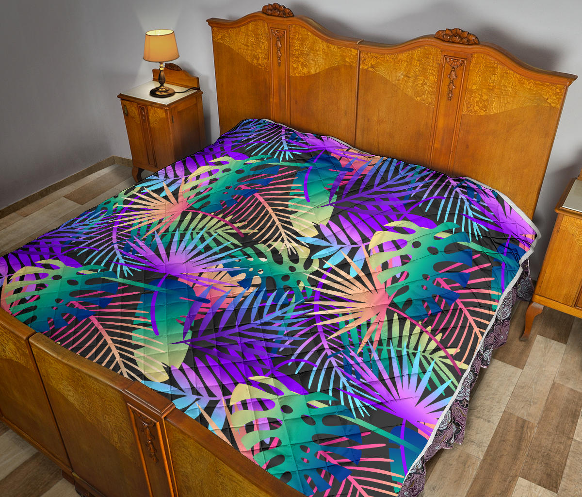 Neon Flower Tropical Palm Leaves Quilt Bedspread