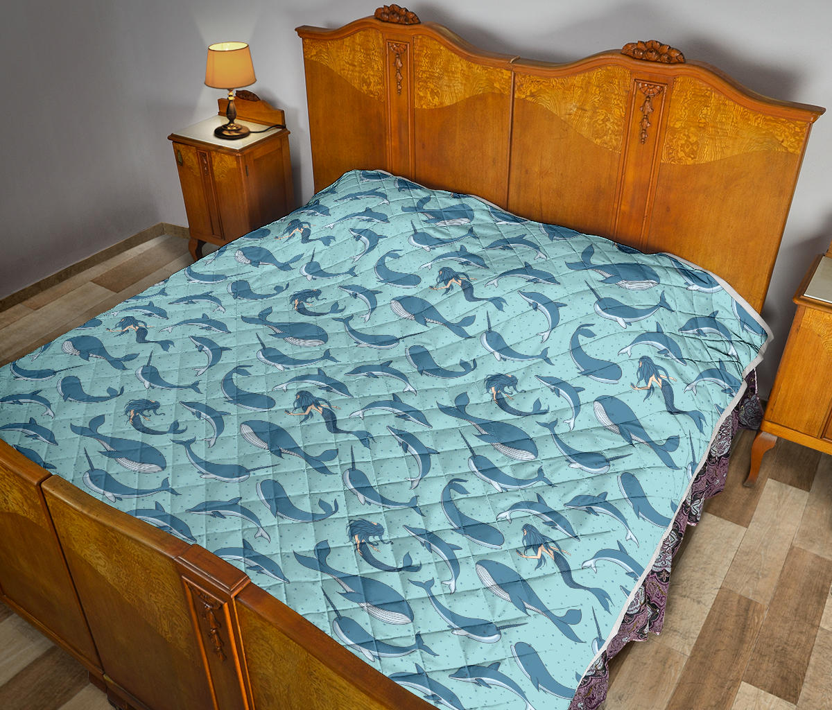 Narwhal Themed Print Quilt Bedspread