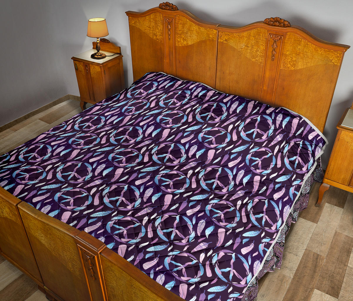 Peace Sign Feather Design Print Quilt Bedspread