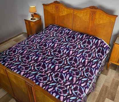 Peace Sign Feather Design Print Quilt Bedspread