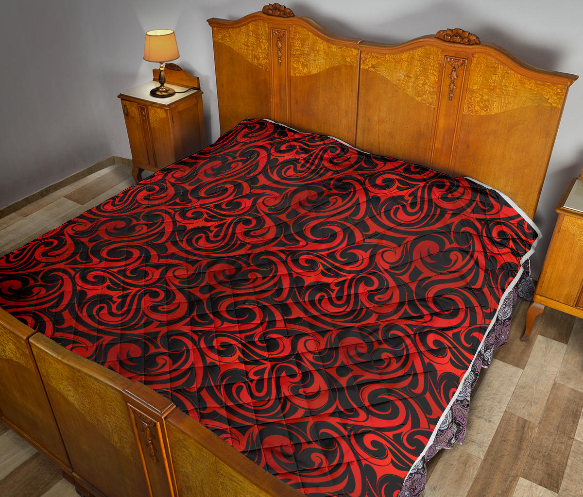 Maori Red Black Themed Design Quilt Bedspread