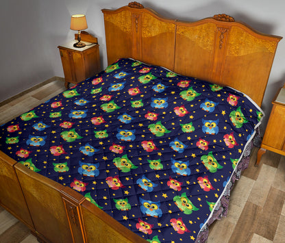 Owl with Star Themed Design Print Quilt Bedspread