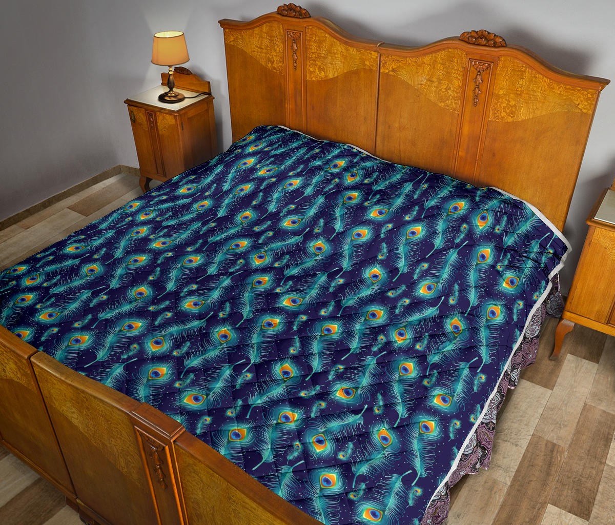 Peacock Feather Blue Design Print Quilt Bedspread