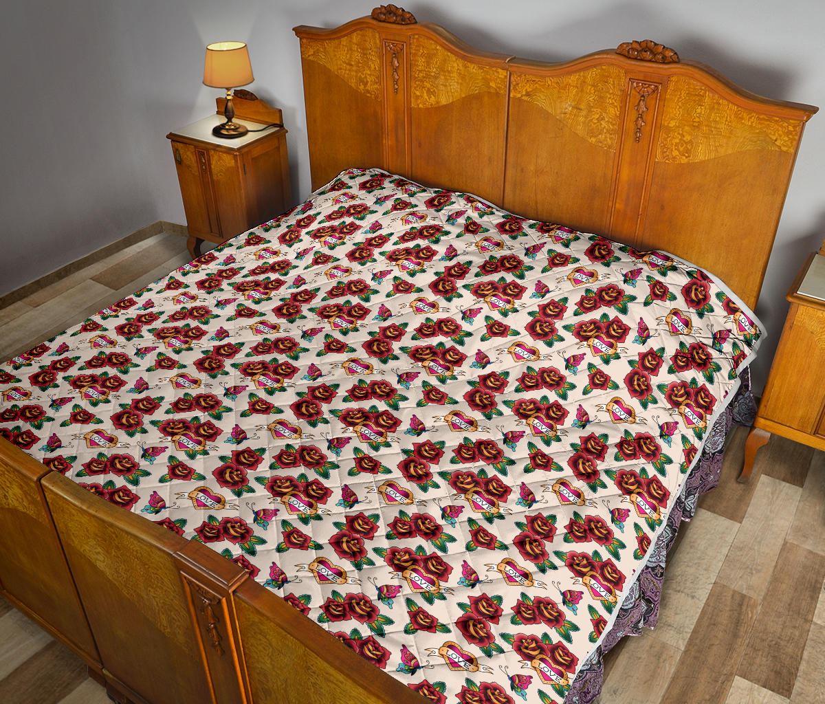 Old School Tattoo Rose Pattern Quilt Bedspread