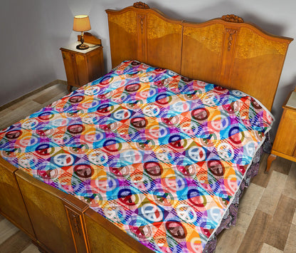 Peace Sign Patchwork Design Print Quilt Bedspread