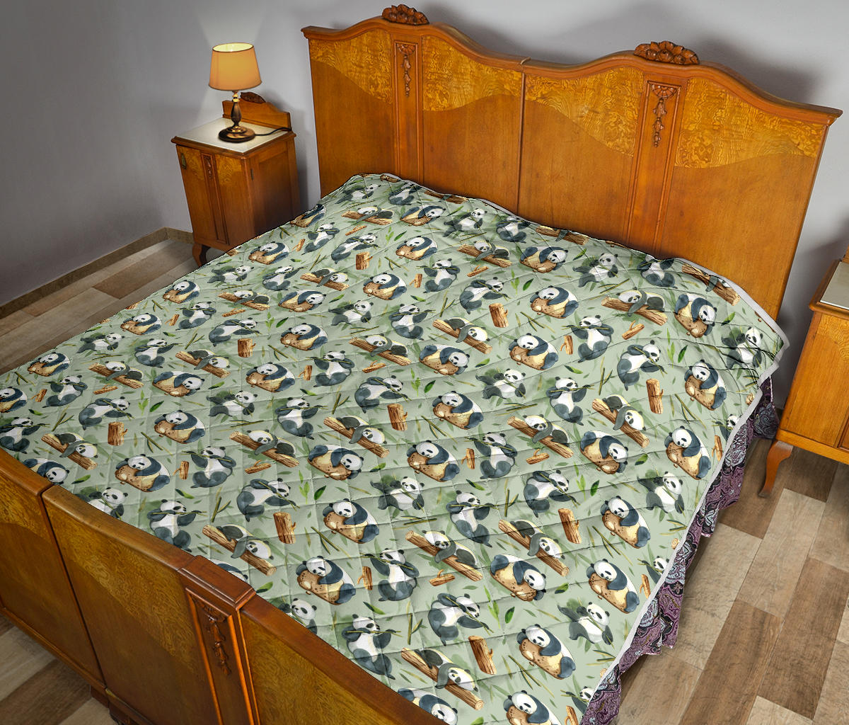 Panda Bear Design Bamboo Print Quilt Bedspread