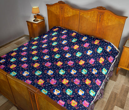Owl Cute Themed Design Print Quilt Bedspread