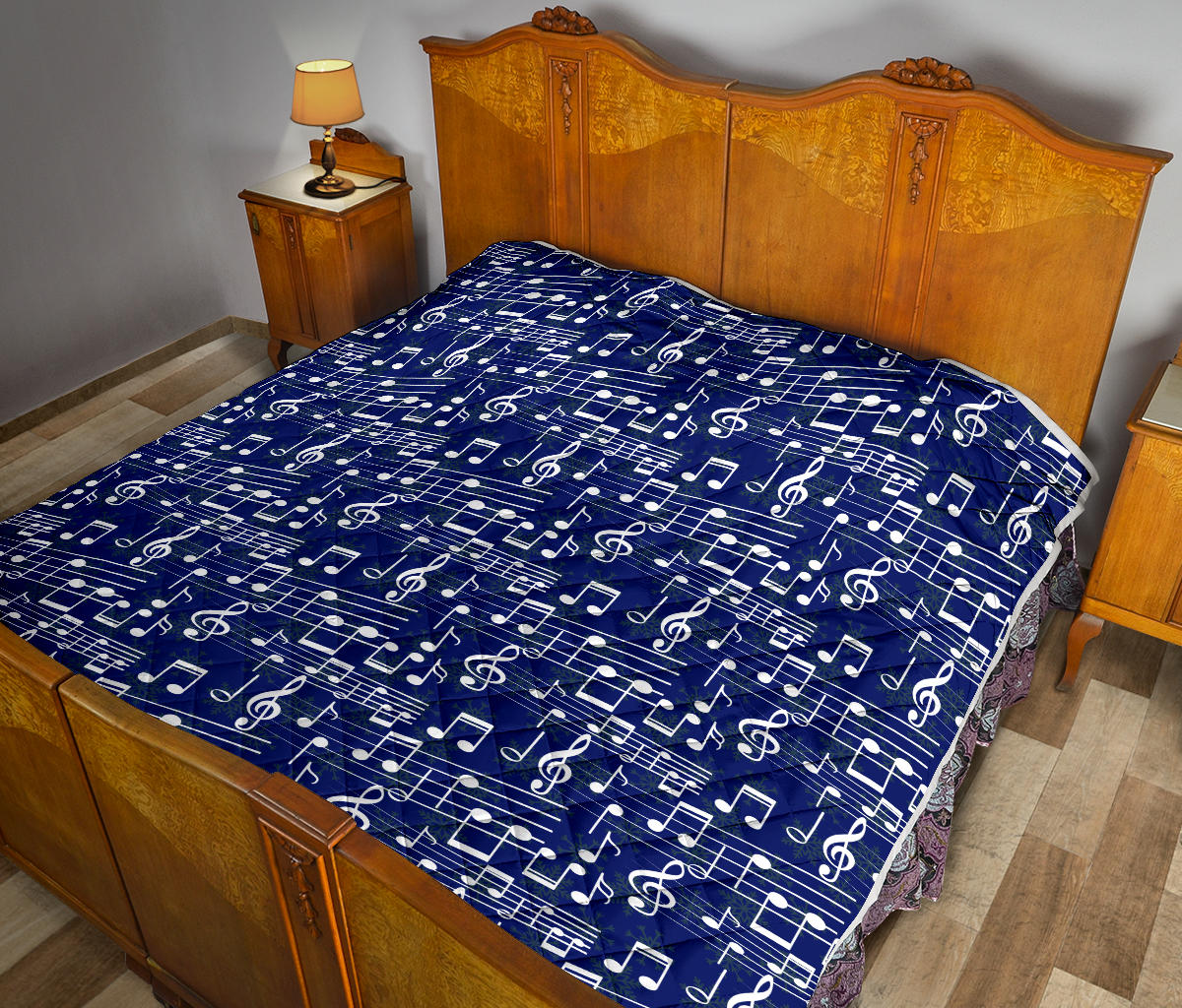 Music Note Blue Themed Print Quilt Bedspread