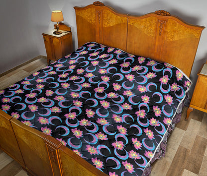 Lotus with Moon Pink Print Themed Quilt Bedspread