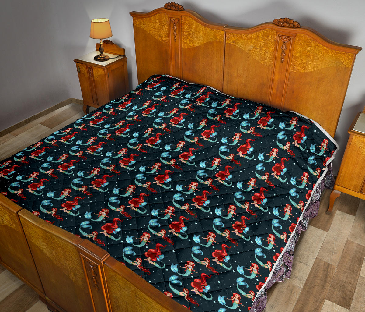 Mermaid Girl Themed Design Print Quilt Bedspread