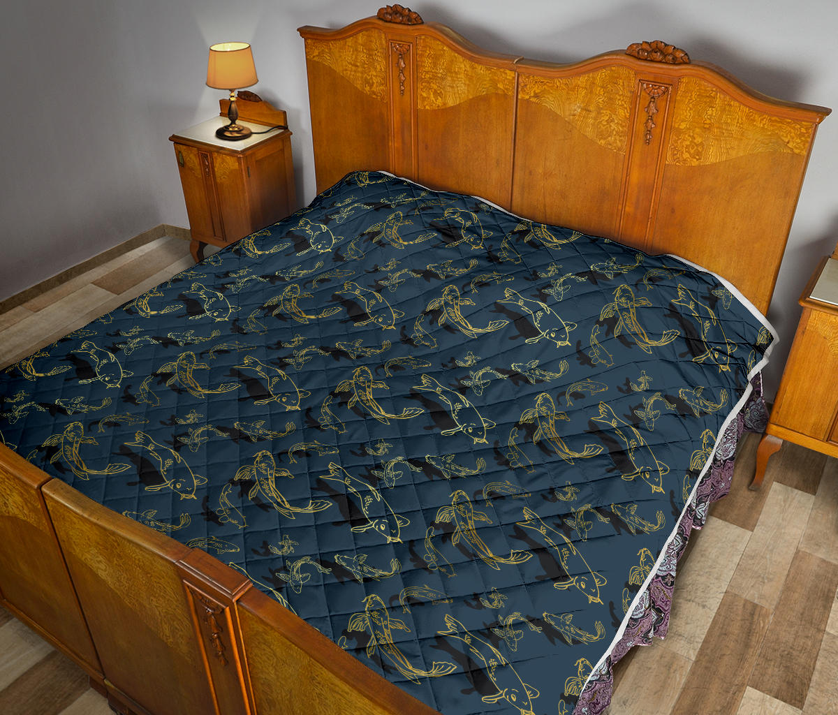 Koi Carp Gold Design Themed Print Quilt Bedspread
