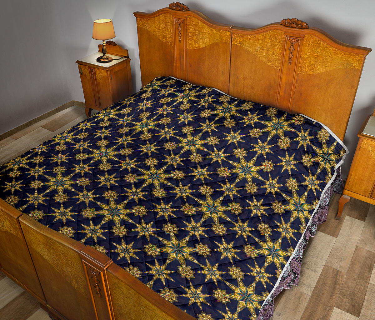 kaleidoscope Gold Print Design Quilt Bedspread