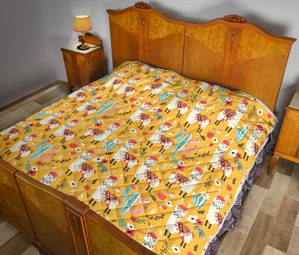 Llama Cute Themed Print Quilt Bedspread