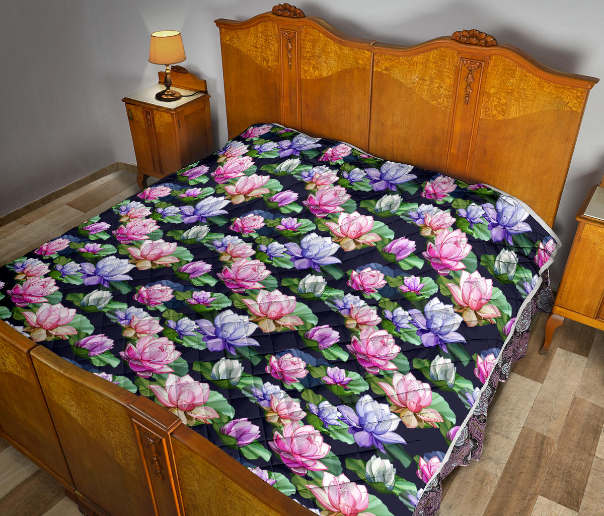 Lotus Flower Print Design Quilt Bedspread
