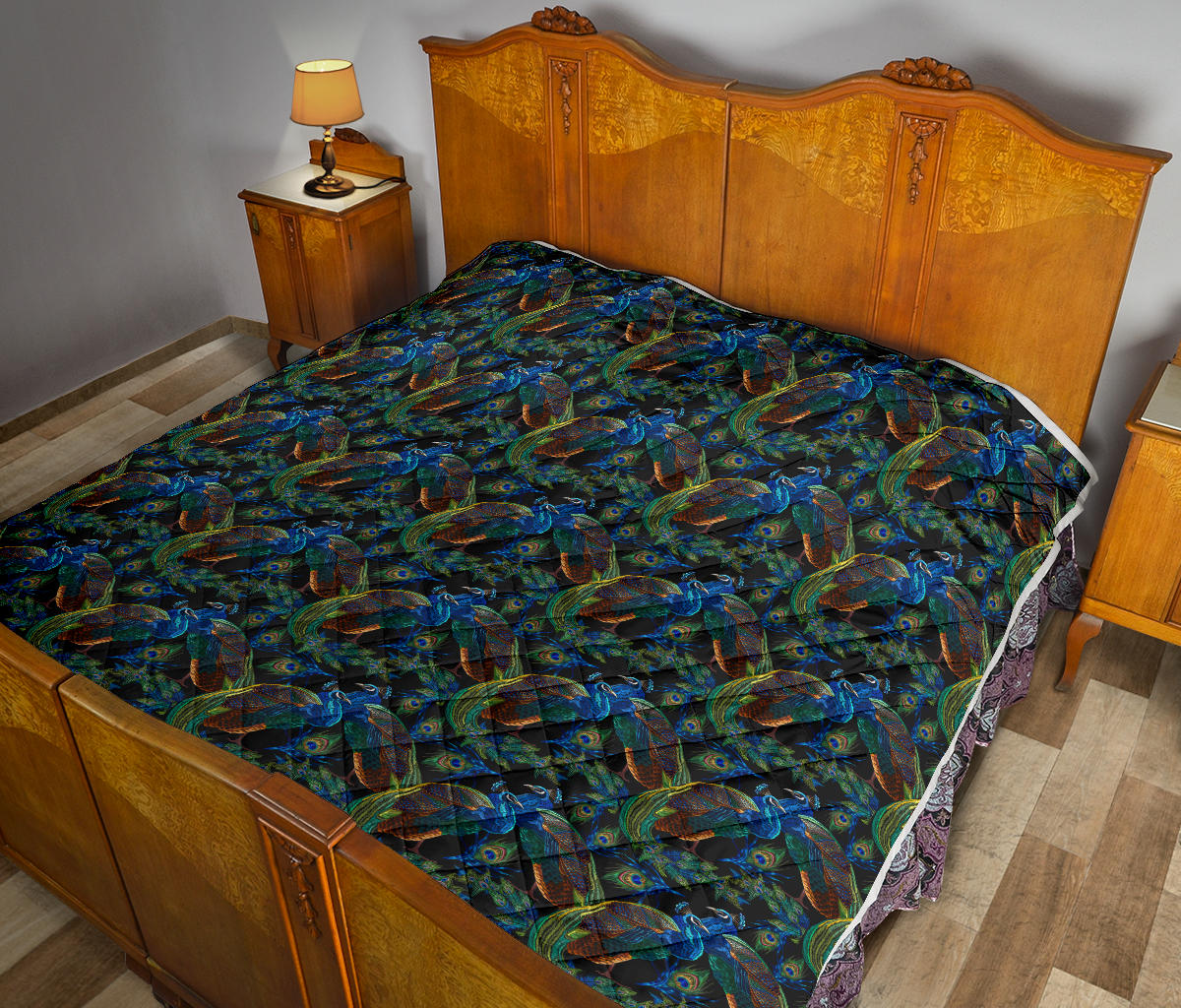 Peacock Themed Design Print Quilt Bedspread