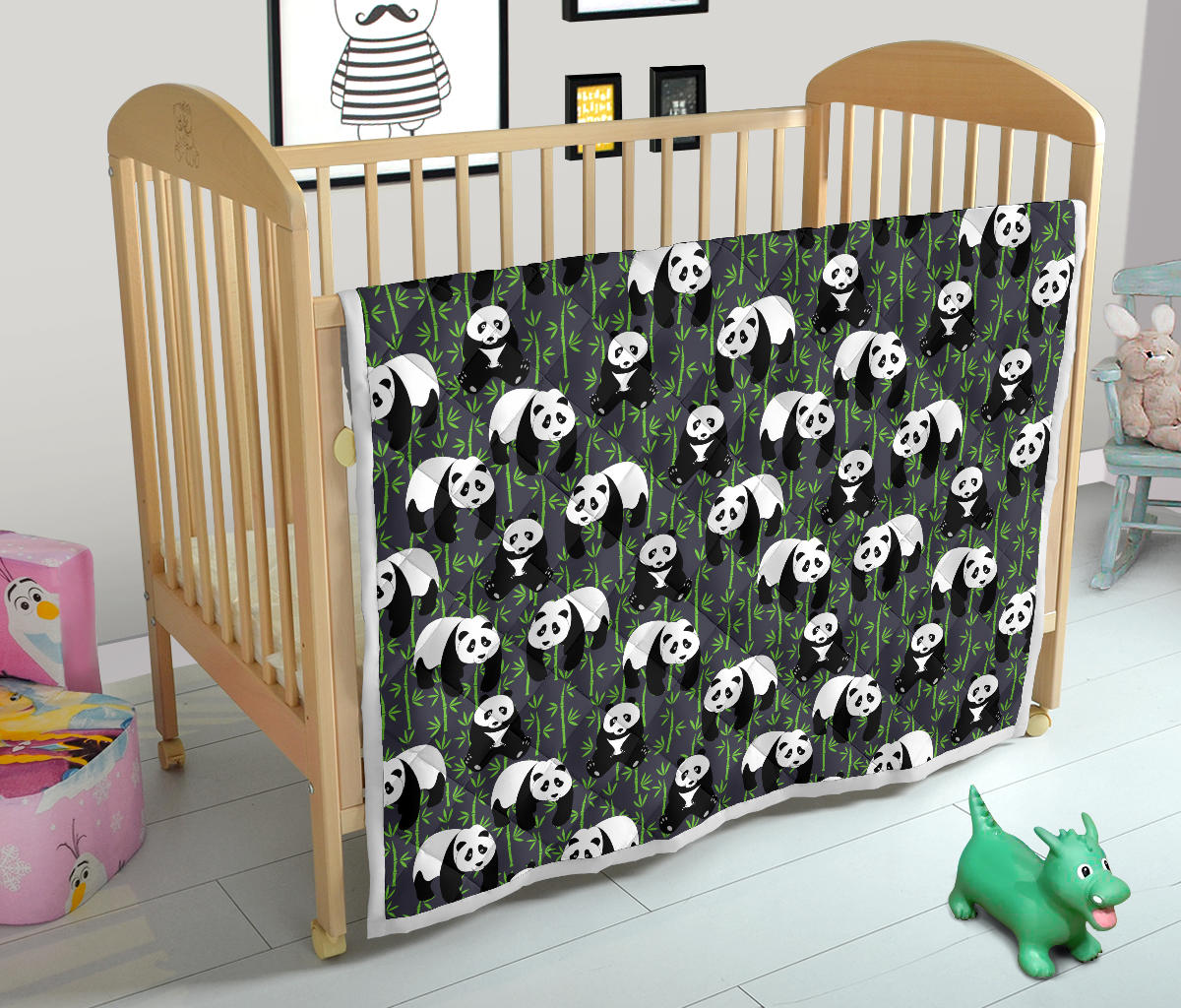 Panda Bear Bamboo Themed Print Quilt Bedspread