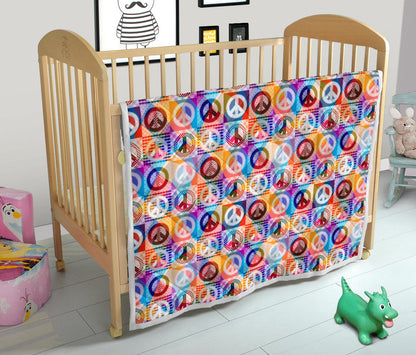 Peace Sign Patchwork Design Print Quilt Bedspread